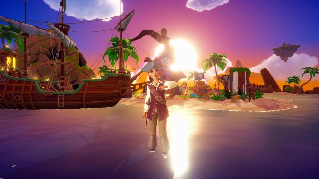 A character dressed as a pirate standing in water in front of s ship and treasure island with a monkey on their shoulder in disney dreamlight valley