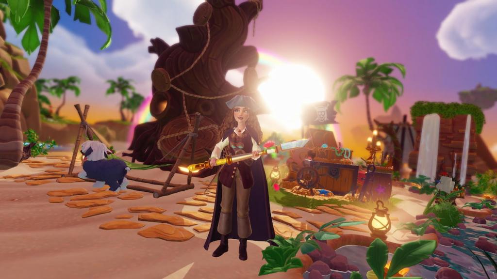 A player dressed as a pirate holding a shovel in disney dreamlight valley