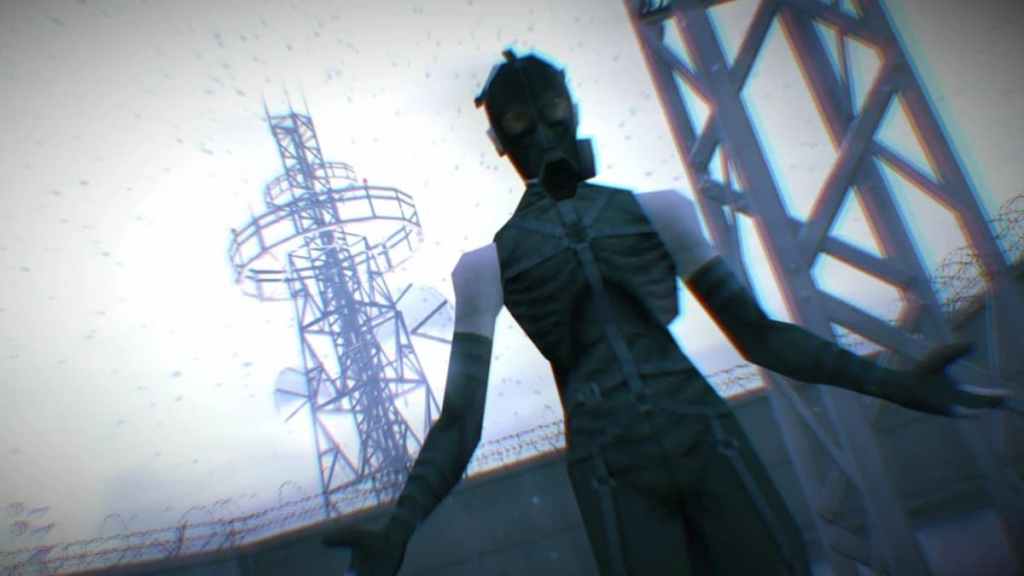 A man with a gas mask floats above the ground with outstretched arms while snow falls around him in Metal Gear Solid 5: Ground Zeroes.