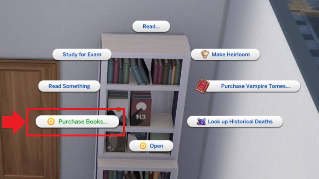 The purchase books option on a bookshelf marked in the sims 4