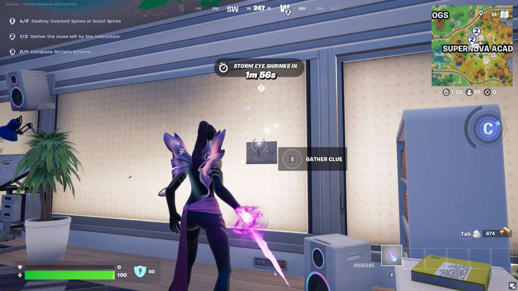 Psylocke looking at a hanging paper clue in Fortnite