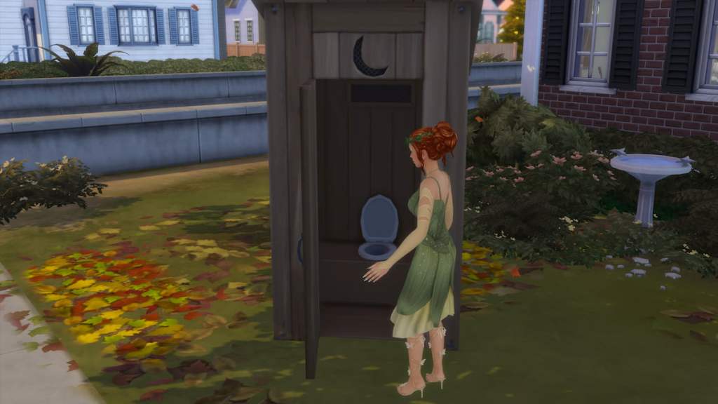 A Sim with orange hair and a leafy green fairy dress walking into a brown wooden throne outhouse in the sims 4