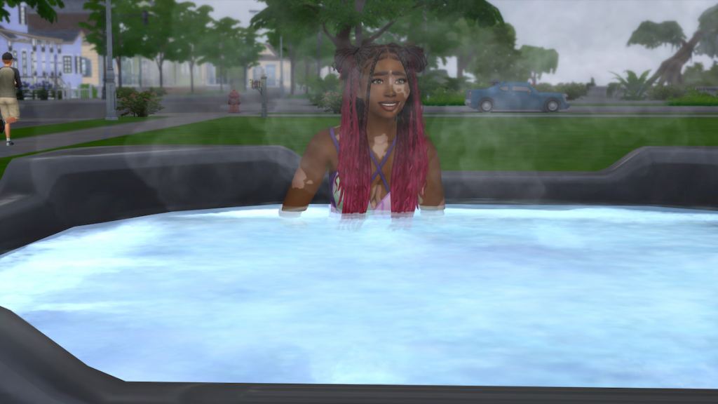 A sim soaking in a hot tub in the sims 4