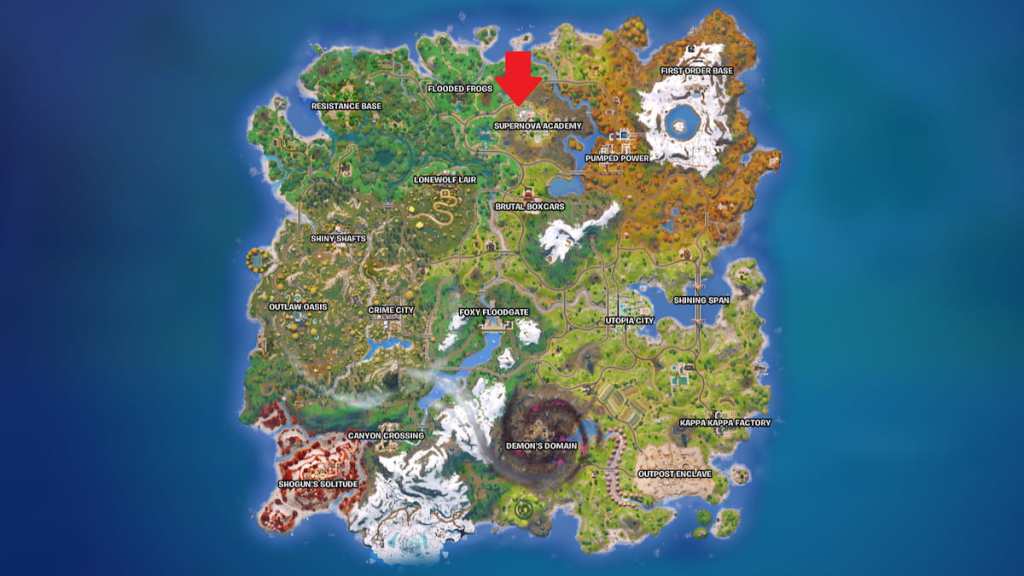 The map location for the spire remnant monument at supernova academy in fortnite