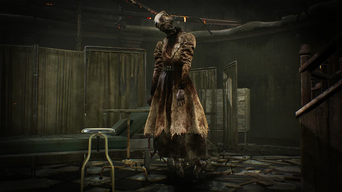 A nurse floating above a hospital bed in Dead by Daylight.
