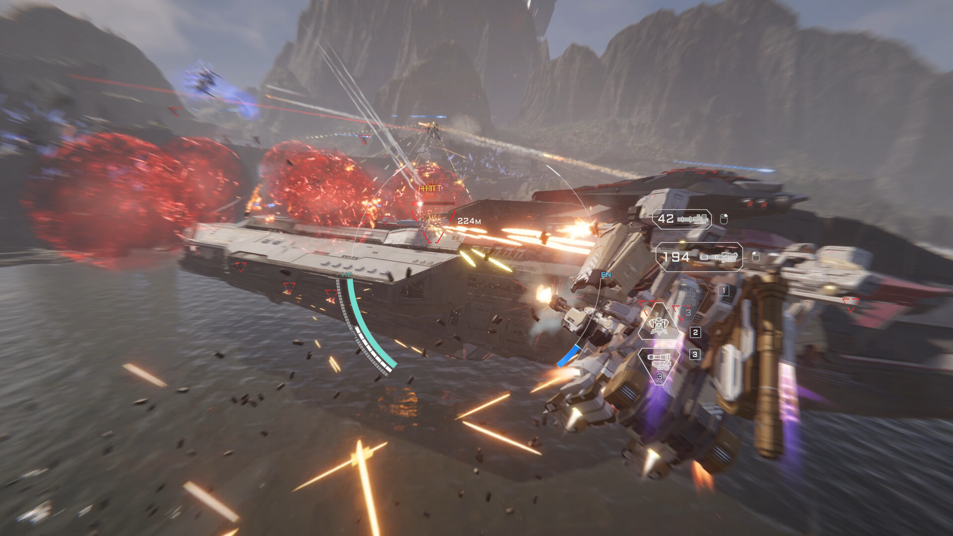 A combat scene involving multiple strikers in Mecha Break