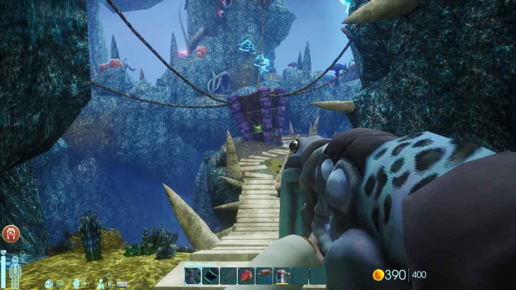 A character holding an alien gun while standing in an alien world in Abiotic Factor. 