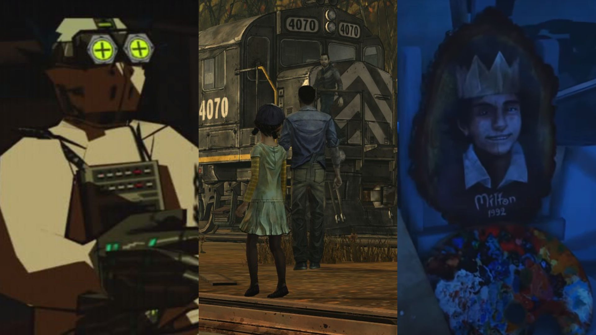 Screenshots of Jet Set Radio, The Walking Dead, and What Remains of Edith Finch, from left to right.