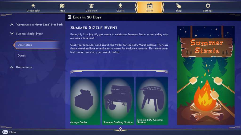 The Summer Sizzle event page in disney dreamlight valley with a bonfire and roasting marshmellows