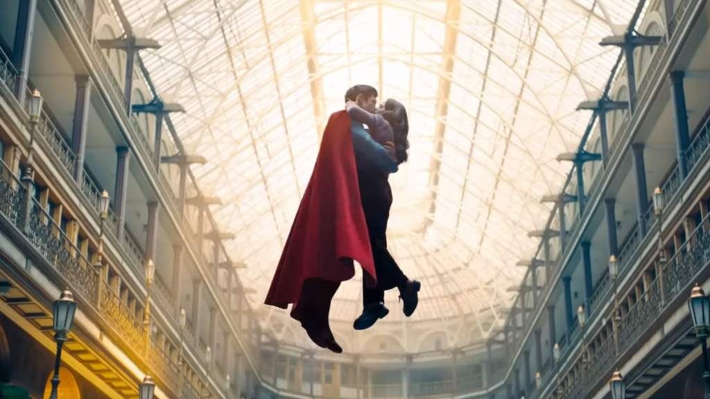 Superman and Lois Lane kissing in the air