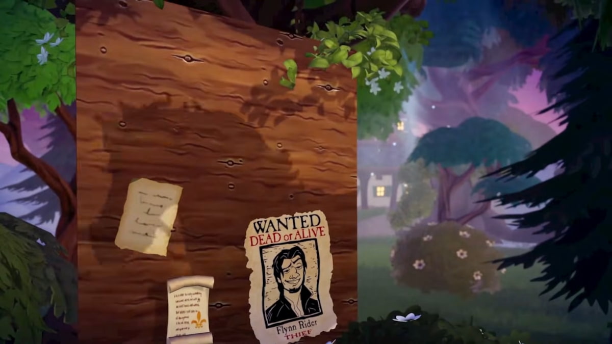 A shadow of a horse over a Flynn wanted poster and a flowery cottage in the forest in the background in disney dreamlight valley