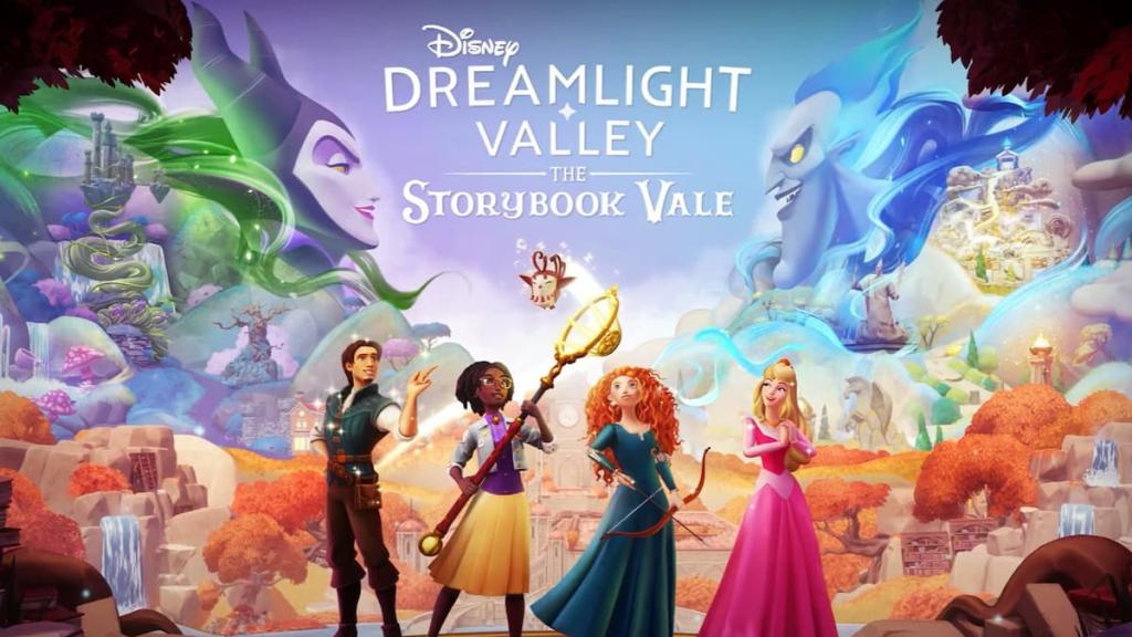 Flynn, a player wearing a purple top and yellow skirt holding a golden net, Merida, and Aurora standing together with giant versions of Maleficent and Hades in the sky background in Disney Dreamlight Valley