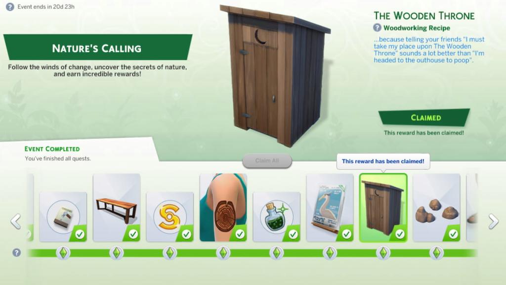 The wooden throne outhouse reward on the event rewards page in the sims 4