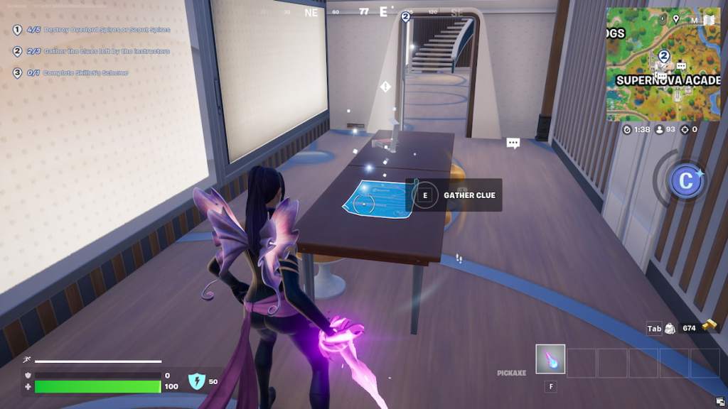 Psylocke looking at a blue clue on a table in Fortnite