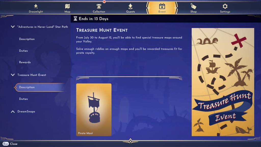 Treasure hunt event page in disney dreamlight valley