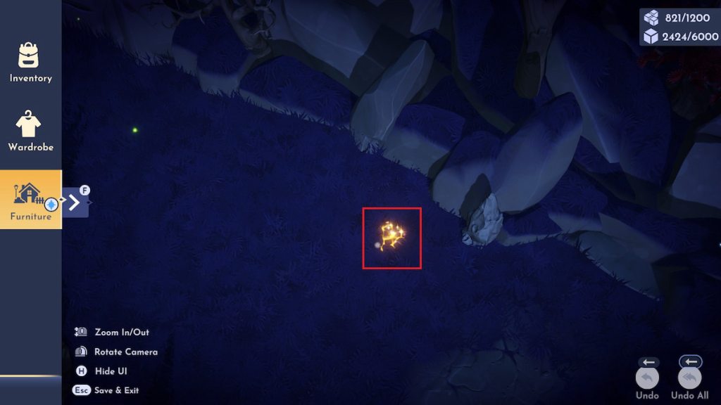 A golden crack on the ground at night in disney dreamlight valley