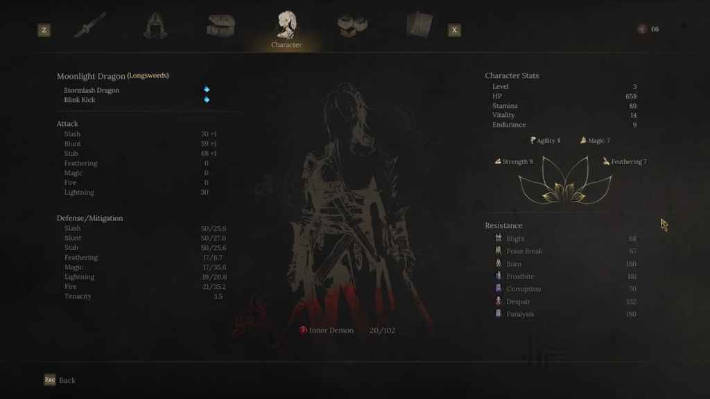A character screen in Wuchang: Fallen Feathers showing various stats, level information, HP, and the madness gauge. 