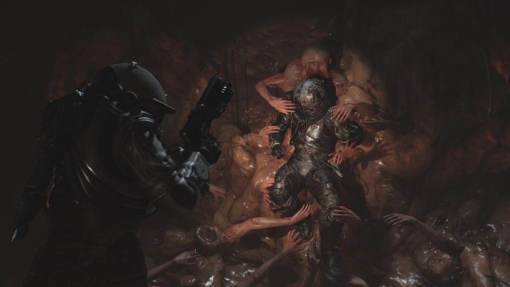 Looking at a deceased Traveler held up within an Orphan biomass sprawled across the wall