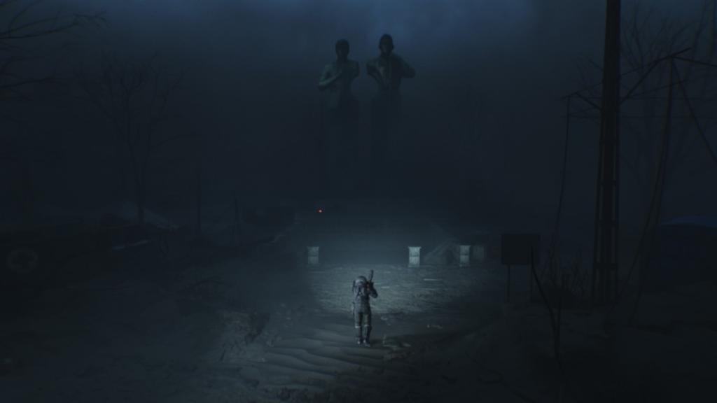 An established cinematic shot of the Traveler from afar, walking towards the underground station with two giant statues behind it