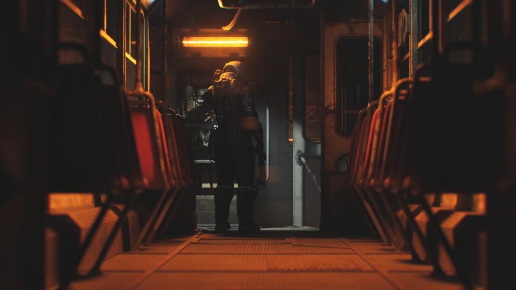 A low shot of the back of the Traveler controlling the tram controls