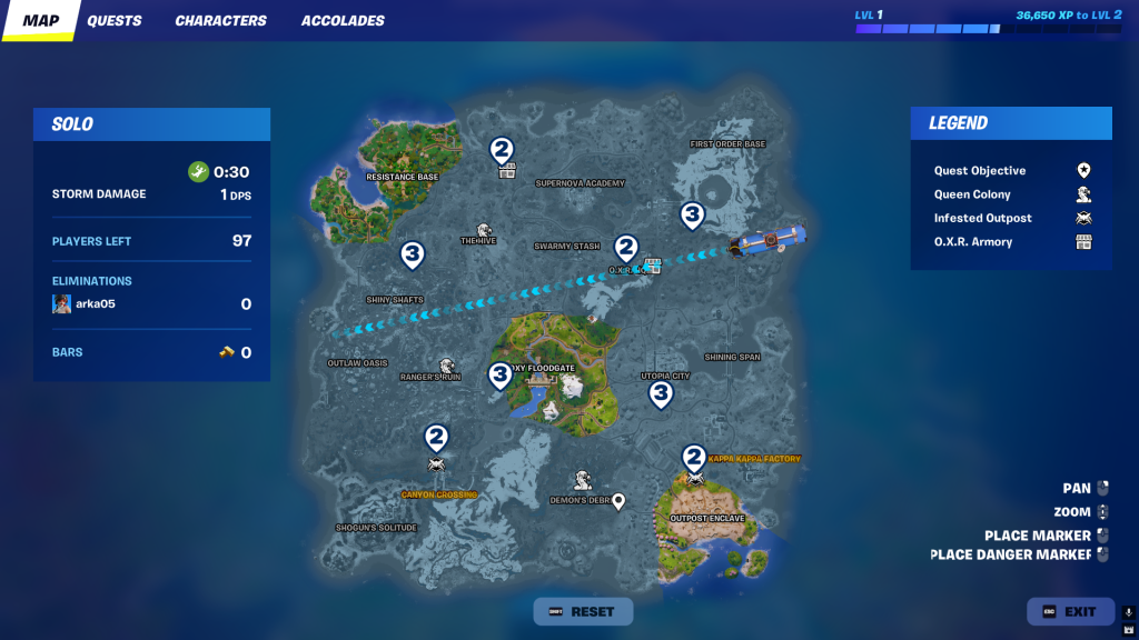Map of the new island with Hive Outpost icon in Fortnite