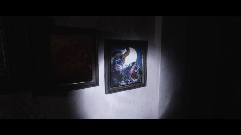 Looking at the fourth painting along the wall with the moon in the background