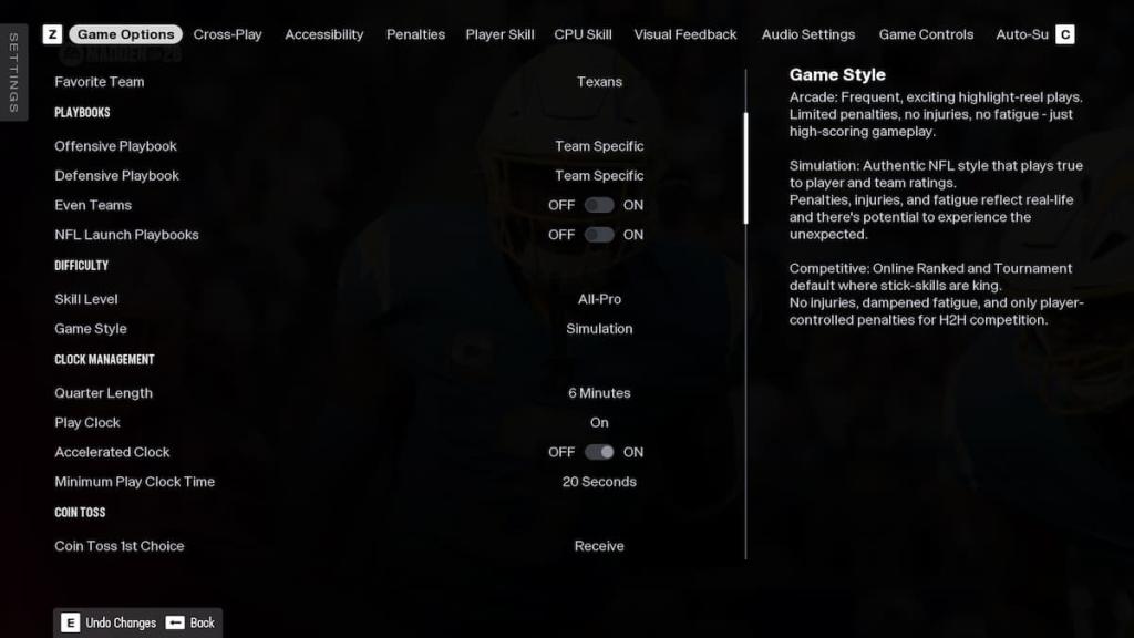 Game Style settings in Madden 26