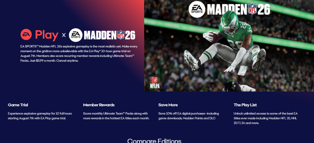 EA Play trial offer for Madden 26 on the game's official website