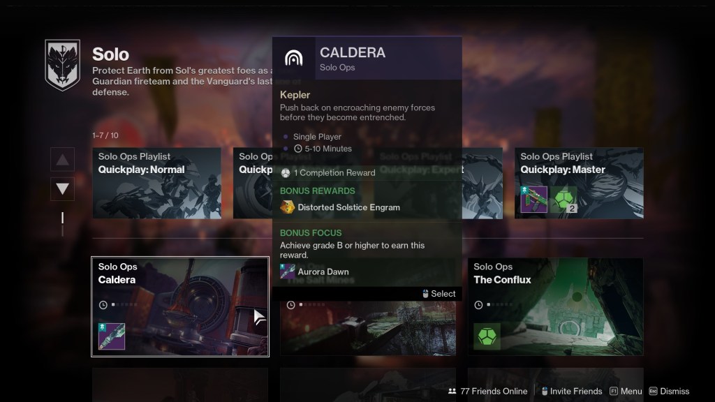 A run of Caldera in the Portal, showing bonus rewards including a Solstice engram.