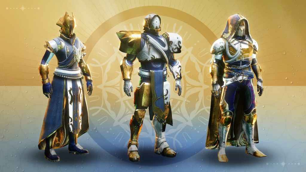 Three guardians wearing the Solstice armor set.