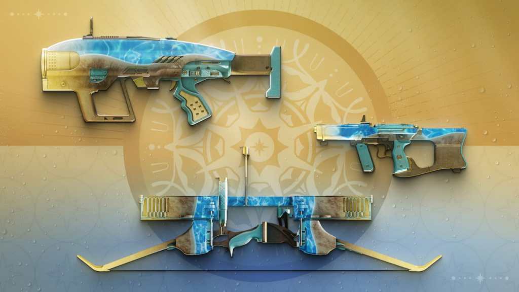 The three weapons in Solstice 2025: a bow, a Tex Mechanica SMG, and an area denial grenade launcher.