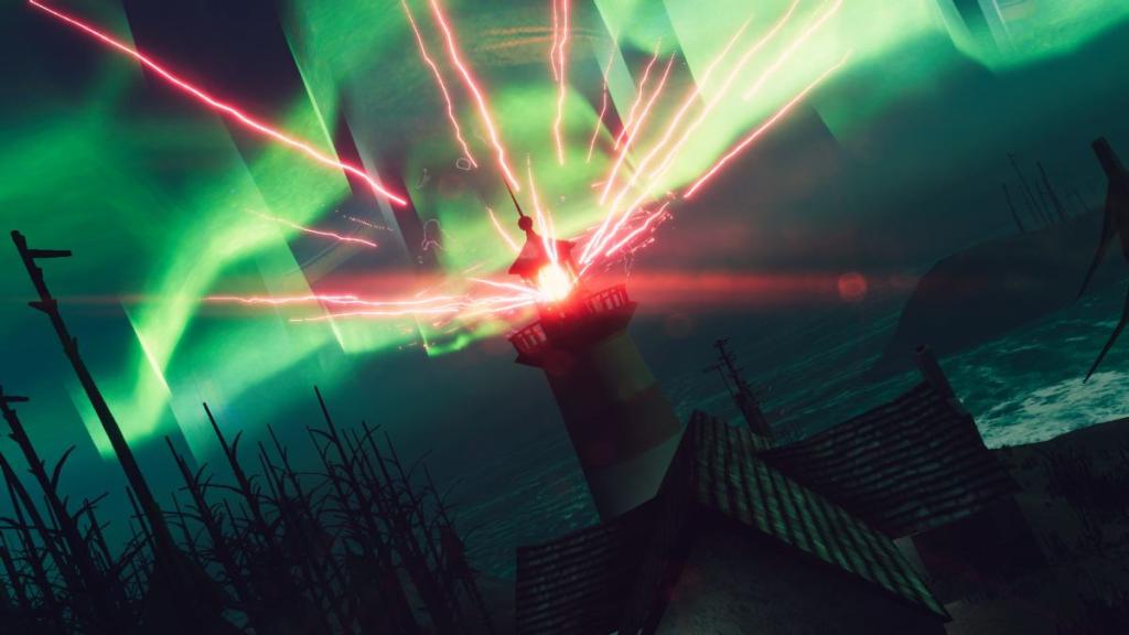 Red beams flying out of the lighthouse light as the aurora floats above