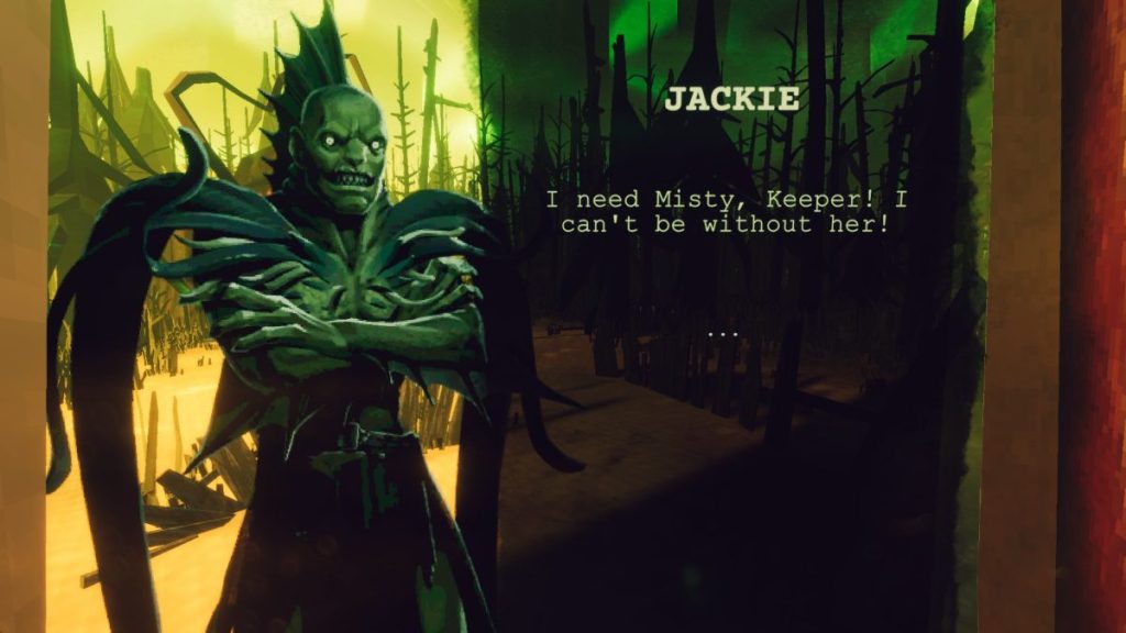 A fully transformed Jackie, part human, part fish, asking for Misty