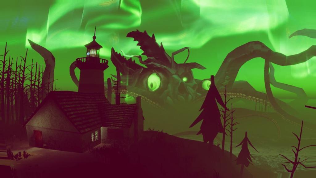 A cinematic shot of The Great Old One behind the lighthouse