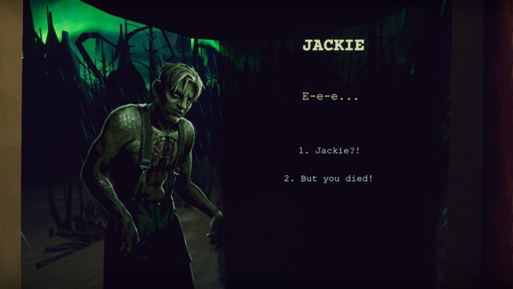 A resurrected Jackie with green skin, gills, and a ritualistic mark on his chest