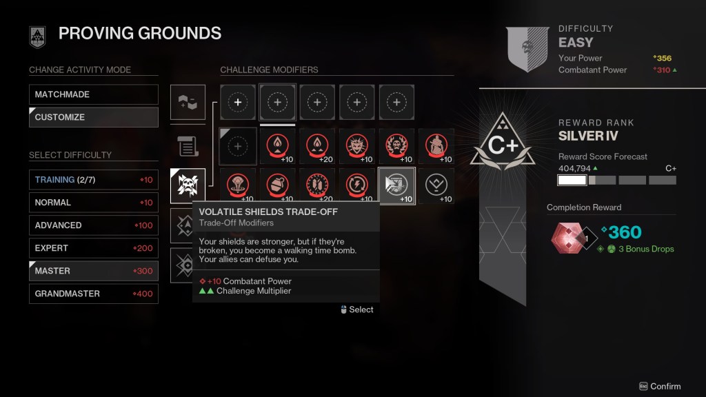 A Portal matchmaking node with the Volatile Shields trade-off mod highlighted.