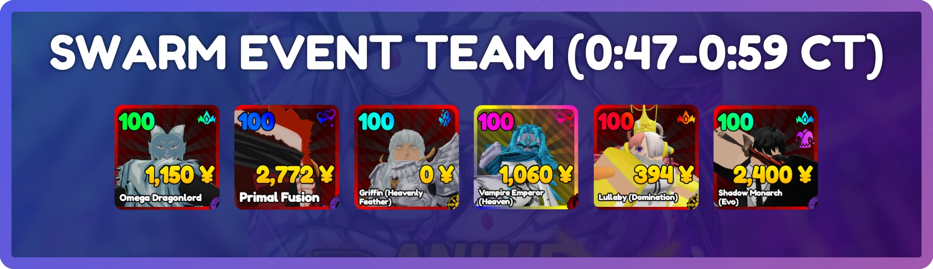 The best team for clearing Swarm Event stages in Anime Rangers X Roblox experience that consists of the following units: Omega Dragonlord, Primal Fusion, Griffin (Heavenly Feather, Vampire Emperor (Heaven), Lullaby (Domination), and Shadow Monarch (Evo).
