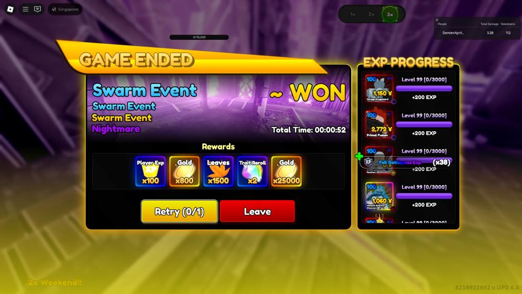 Example of a clear time for a Swarm Event stage using the best team for it in the Anime Rangers X Roblox experience.