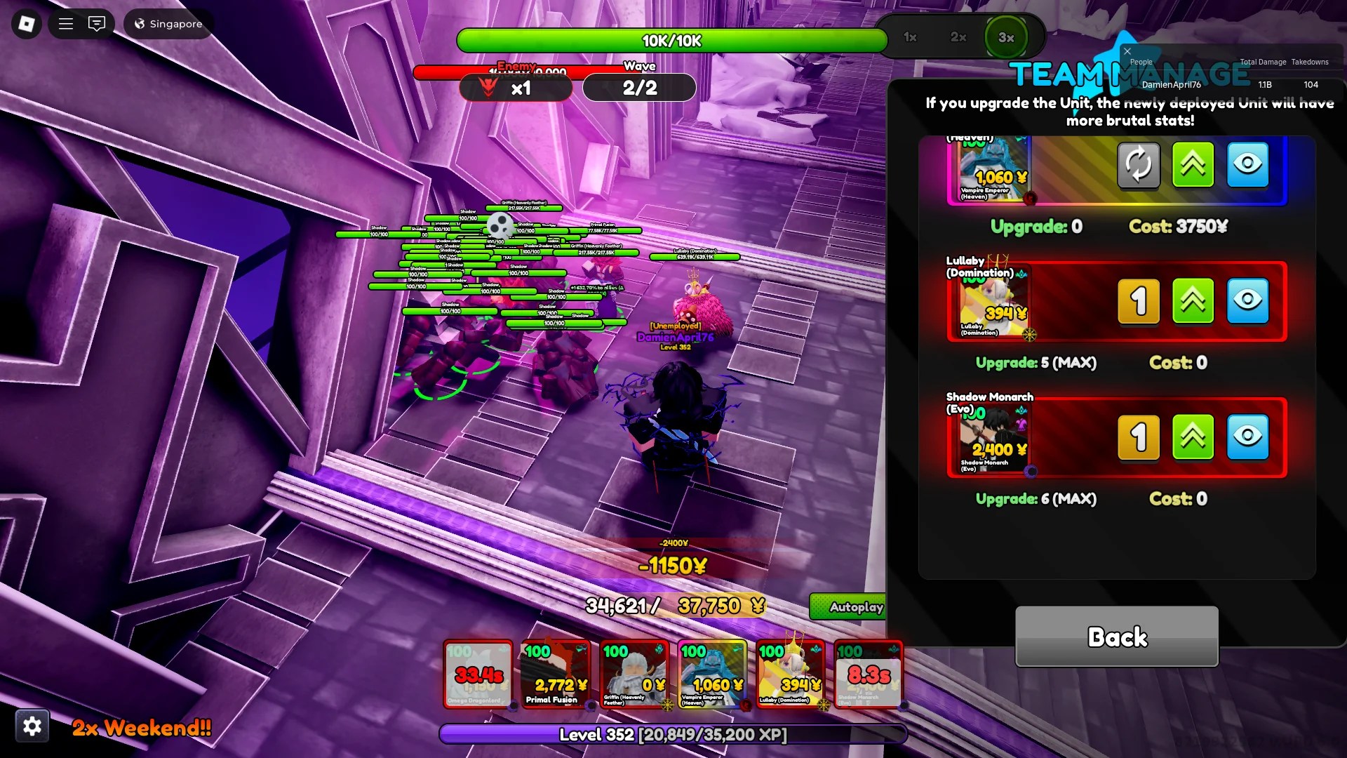 A player doing the Swarm Event stage in Anime Rangers X Roblox experience.