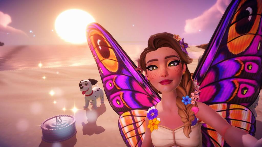 Taking a picture with a birthday cake on the beach in the moana realm in disney dreamlight valley