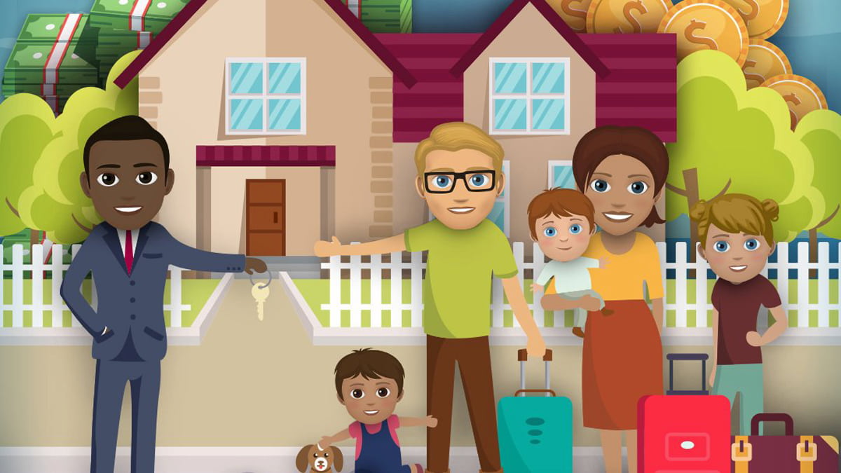 A family in front of a house in BitLife