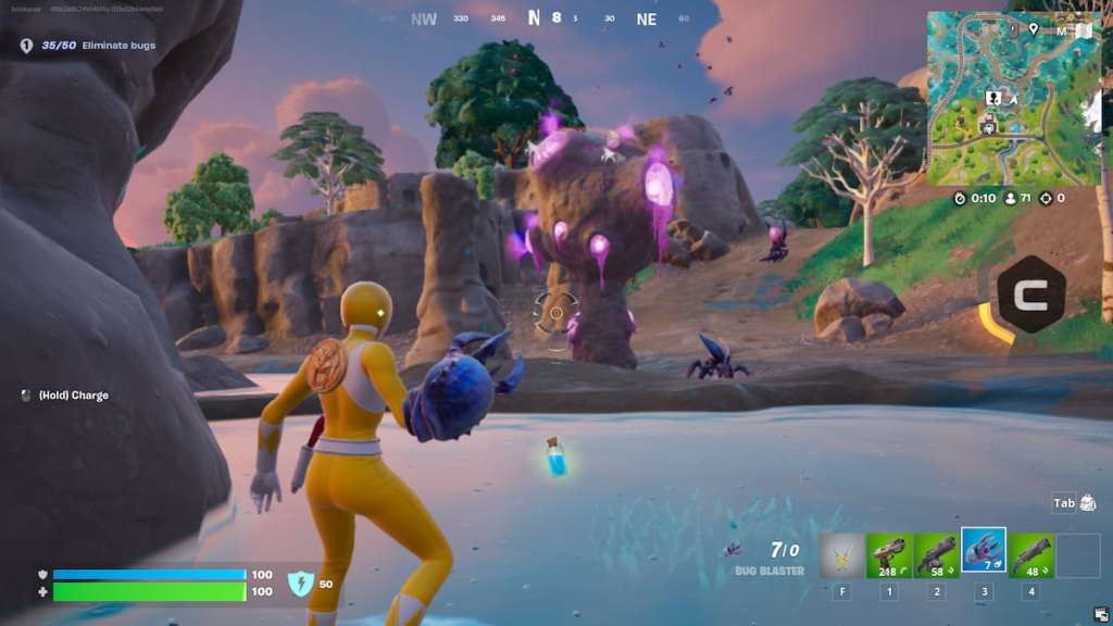 yellow power ranger shooting bugs by purple nest in fortnite