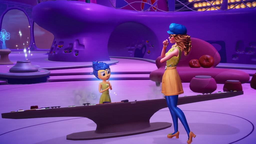 A character talking to Joy by the emotion panel from Inside Out in Disney Dreamlight Valley
