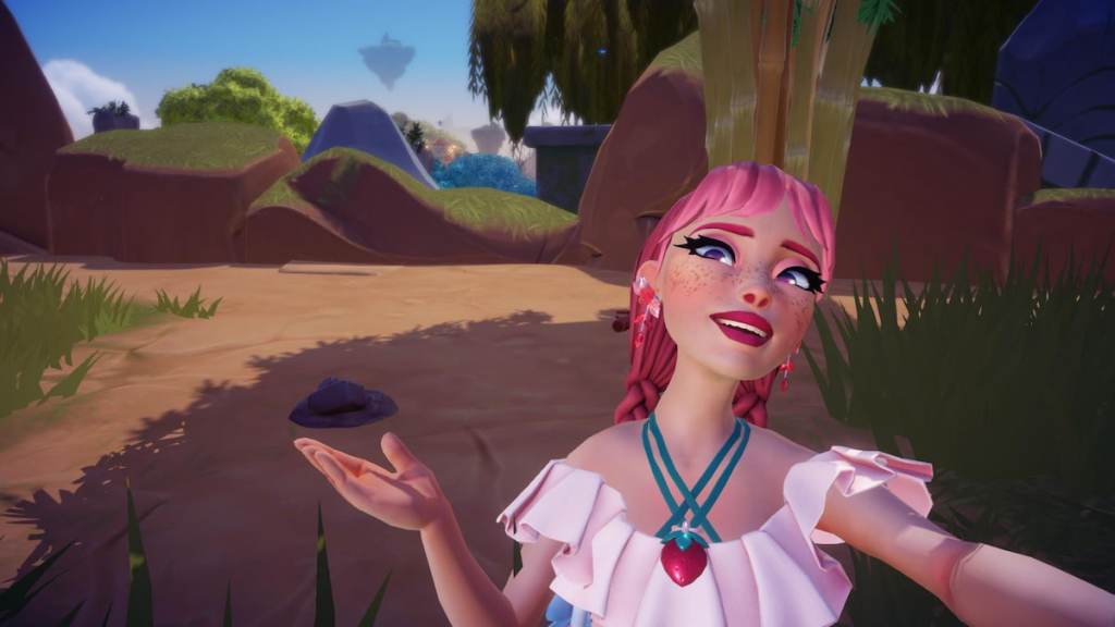 A character with pink braids holding her hands under clay on the ground in disney dreamlight valley