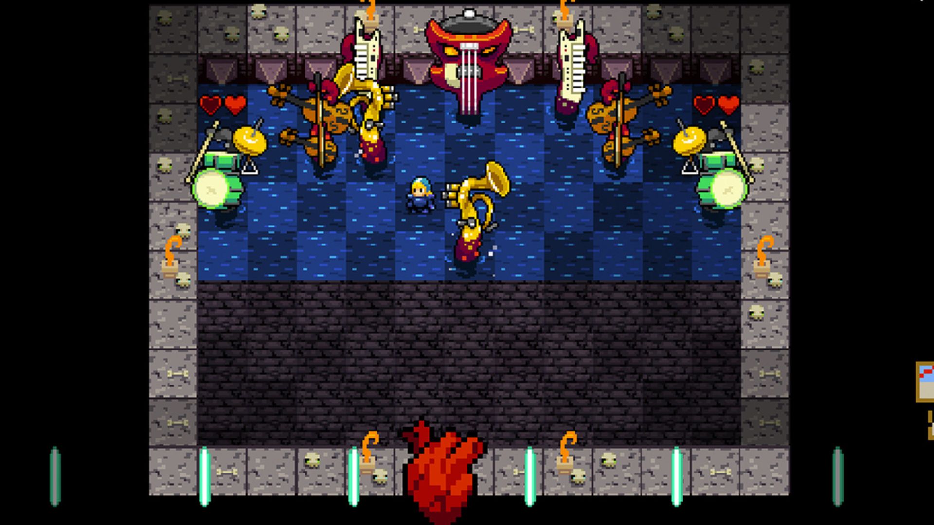 A screenshot of Crypt of the Necrodancer showing the main character in a boss fight against multiple animated classical instruments.