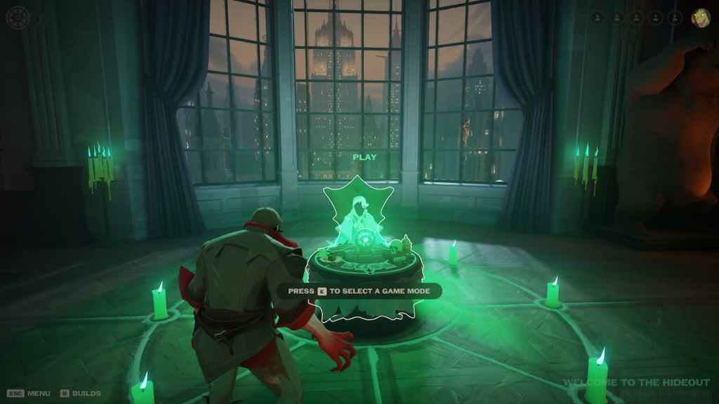 The Drifter standing in front of a ghost woman with a magic ball in a rustic art deco apartment with the 1920s New York skyline in the background in Deadlock. 