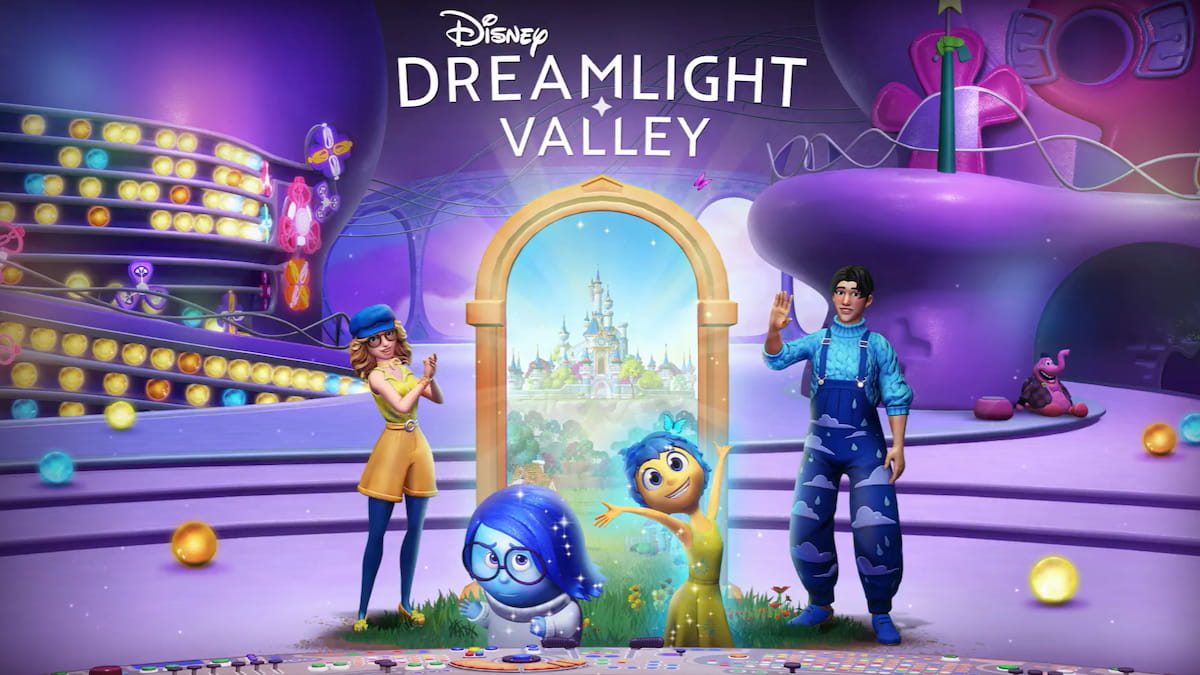 Two characters standing with Joy and Sadness from inside out in the emotional rescue update art in disney dreamlight valley