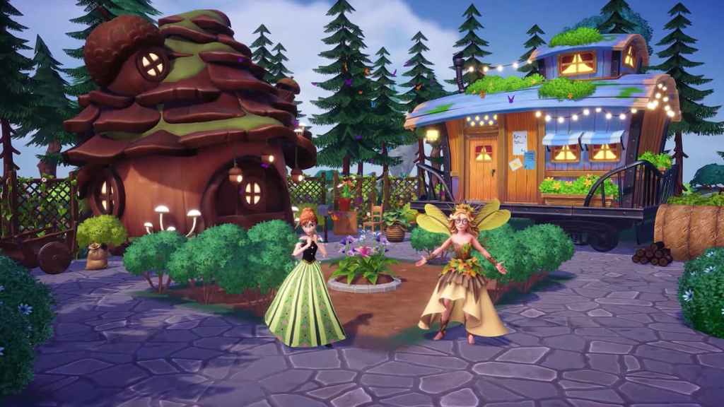 Anna and the player standing by a brown house and a small shop house in disney dreamlight valley