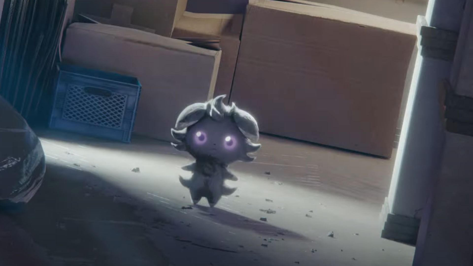 Espurr standing on a dark hallway of a mansion.