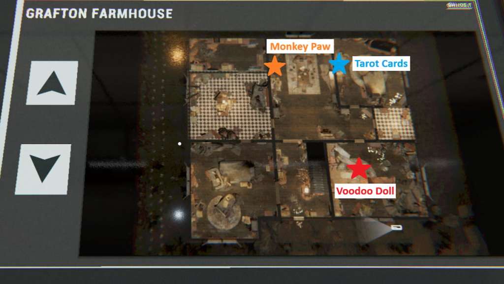 The first floor of grafton farmhouse with cursed item locations marked in phasmophobia